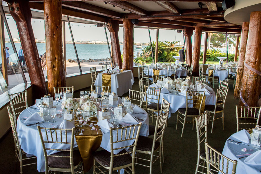 A decorated dining room for a wedding