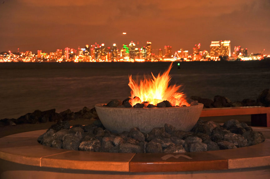 fireplace with a view of downtown San Diego