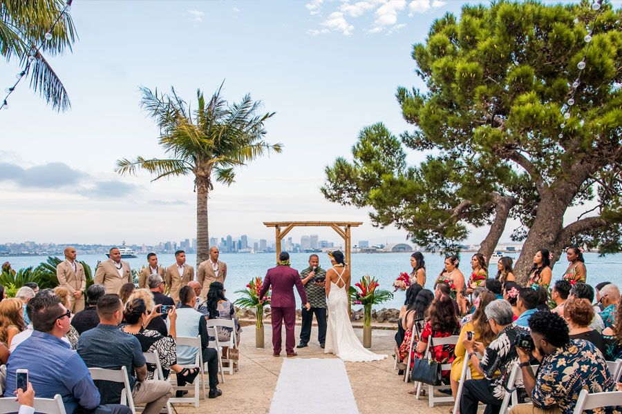 A wedding ceremony with the view of san diego