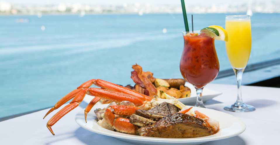 plated surf and turf with a bloody mary and mimosa